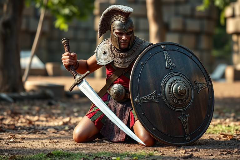 Create a high-resolution, dynamic pose of an ancient warrior kneeling with a sword in one hand and a large shield in the other, using a DSLR camera with a 50mm lens, aperture set to f/1.8 for shallow depth of field, ISO 100 for sharpness, and a natural light setting to enhance details and textures.