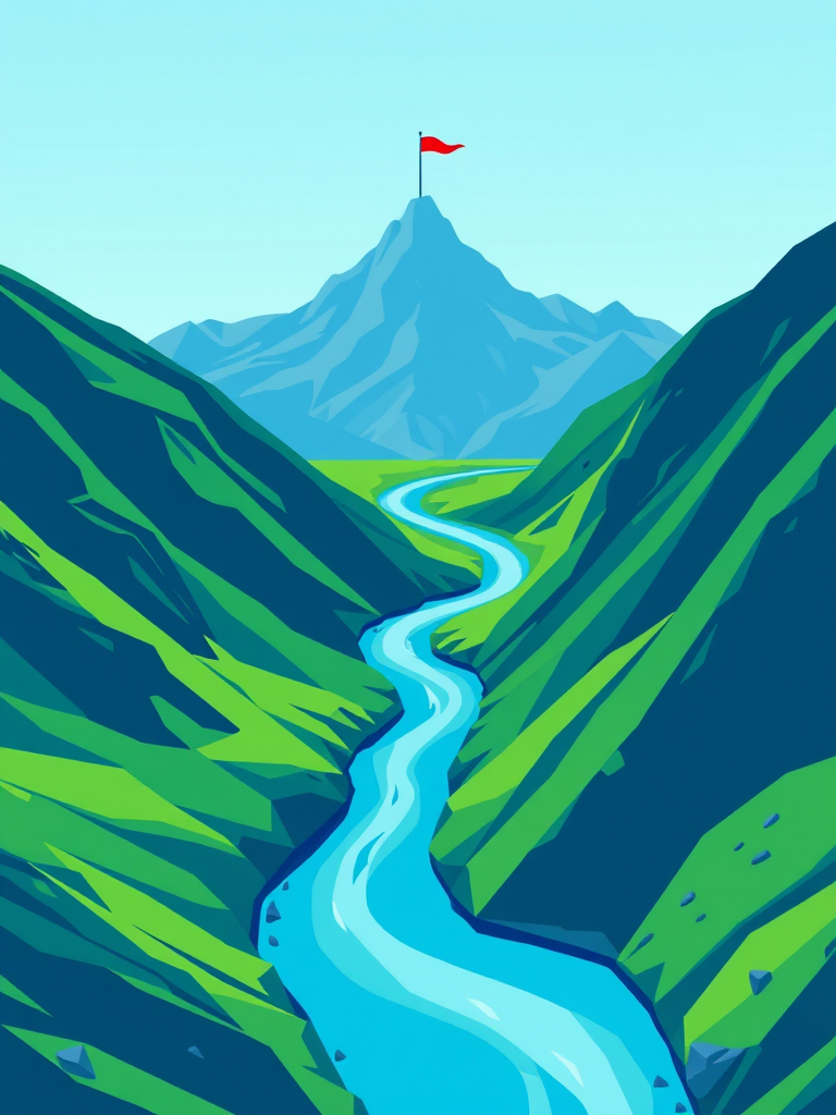 Create a vibrant digital illustration of a winding river leading to a mountain peak with a flag at the top, utilizing a color palette of bright blues and greens, in a flat design style; camera settings: f/8, ISO 100, 1/250 sec, view: aerial perspective, style: minimalist, type: digital art.