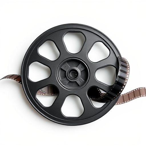 Create a high-resolution vector graphic of a classic film reel with four circular holes, showcasing a film strip unwinding, against a monochromatic background, captured with a DSLR camera, 50mm lens, f/1.8 aperture, ISO 100, 1/125 sec shutter speed, top-down view, in soft natural lighting.