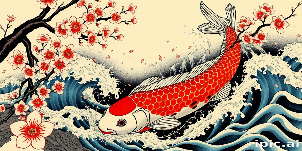 Japanese irezumi tattoo called "Koi Ascension" depicting a large-scale traditional scene of koi fish swimming upstream amidst cherry blossoms and turbulent waves with bold colors and black outlines