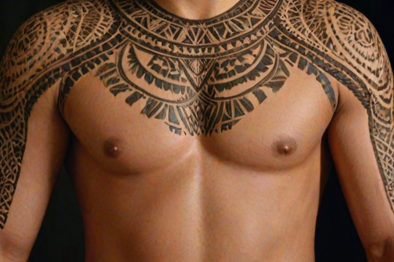 Face, shoulders, chest covered in openwork Pacific Islander embroidery. Raw, unedited image.