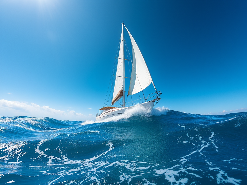 sailboat on vibrant ocean waves during bright daylight, captured with a DSLR camera at f/8 aperture, 1/1000 shutter speed, ISO 200, wide-angle lens, shot from a low angle for dramatic effect