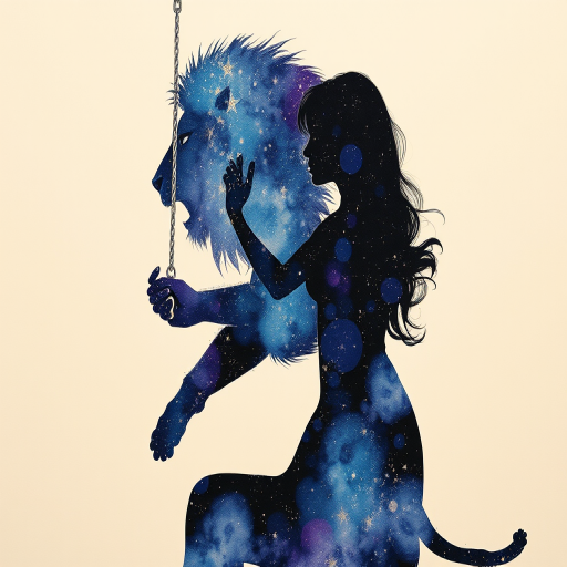 Captivating conceptual render alcohol ink art, double exposure, the paint strokes artfully merge combining a woman's full silhouette with a Swinging monkey's silhouette. The figures are composed of a series of colored dots, lines & spots that evoke the image of a cosmic galaxy, colors are deep shades of blue purple & black with flashes of white & silver representing distant stars. The woman's silhouette is formed within the lion's silhouette from constellations of scattered stars, surreal