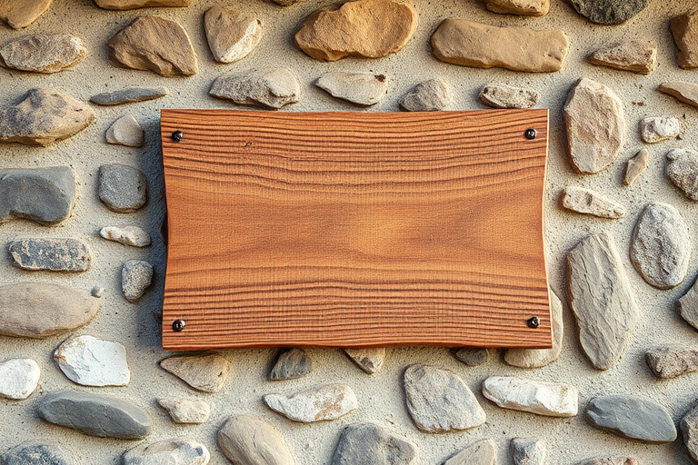 Create an image of a textured wooden board mounted on a weathered stone wall, using a DSLR camera with a 50mm lens, aperture set to f/2.8, shutter speed of 1/125 sec, ISO 200, natural lighting, and a shallow depth of field.