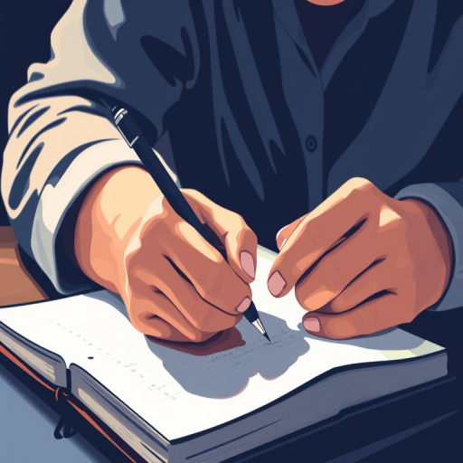 Create a vector-style illustration of a person writing in a notebook with a pencil in one hand and a pen in the other, using a soft focus lens, 50mm focal length, f/2.8 aperture, and high dynamic range for enhanced detail and clarity.