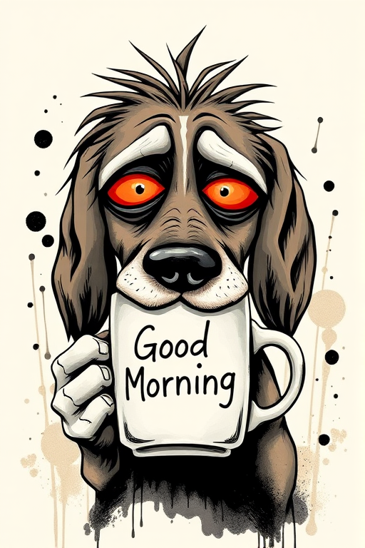 A quirky, artistic illustration of a disheveled bagle hound dog breed with exaggerated, large eyes and spiky fur, holding a coffee mug that reads "Good Morning". The dog has a tired but humorous expression, with ink splatters and abstract details surrounding it, giving a whimsical feel to the image. The color palette is mostly monochrome with hints of red in the eyes and steam rising from the mug, enhancing the overall sleepy vibe