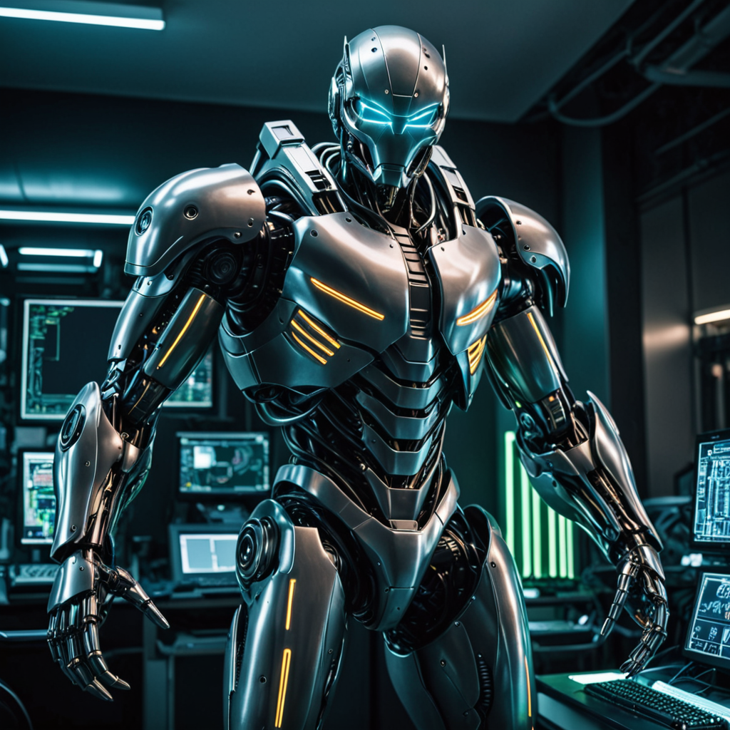 working neon colossus cyber robot alien with huge muscles x-ray eyes and space advanced computer neon colossus cyber robot alien working on an advanced computer details on the computer high res