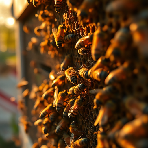 A close-up shot of a beehive with bees actively flying around, illuminated by warm golden sunlight filtering through trees, using a Canon EOS R5, 50mm lens, f/1.8, ISO 200, shutter speed 1/500s, capturing intricate details and vibrant colors.