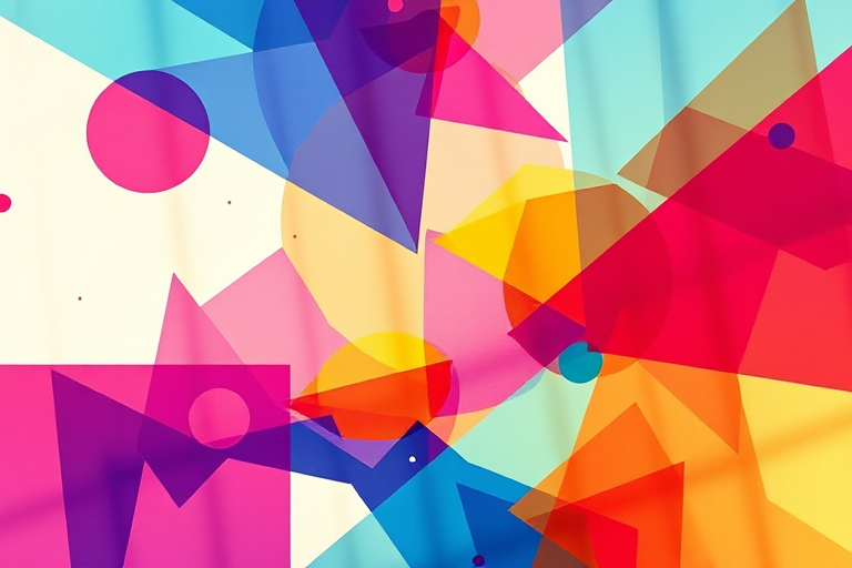 Generate a high-quality abstract illustration featuring vibrant geometric shapes and a dynamic color palette, captured with a Canon EOS 5D Mark IV, 50mm lens, f/1.8 aperture, ISO 100, using a top-down view and soft diffused lighting for enhanced depth and clarity.