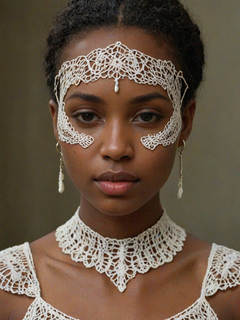 Face, shoulders, chest covered in openwork Creole embroidery. Raw, unedited image.