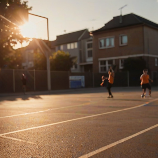 Blurry action shot of a street basketball game at dusk, the ball mid-flight toward the hoop, with soft orange light from the setting sun casting long shadows on the court and nearby buildings.