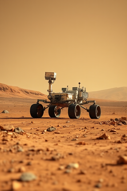 Regenerate an image of a Mars rover landing on the Martian surface, captured with a DSLR camera at 24mm focal length, aperture f/8, ISO 100, using a wide-angle view to enhance the landscape, with high dynamic range for vivid colors and fine details.