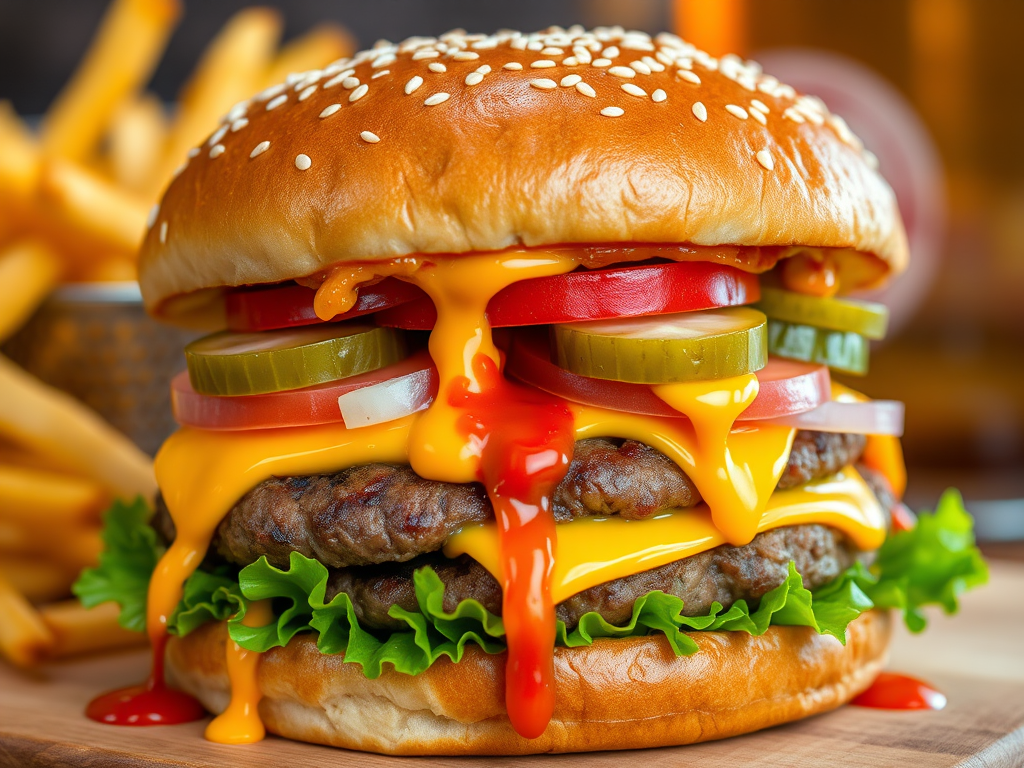 High-resolution, close-up image of a gourmet double cheeseburger. The burger features a glossy, sesame-seed-topped brioche bun. Inside, there are two thick, juicy beef patties, each topped with melted cheddar cheese. The burger is garnished with fresh lettuce, tomato slices, diced onions, and pickles. A generous amount of ketchup and a creamy, orange-colored sauce is dripping down the sides, adding to the mouth-watering appeal. In the background, there are blurred elements including a side of golden French fries and a hint of a beverage, enhancing the overall presentation of a delicious meal.