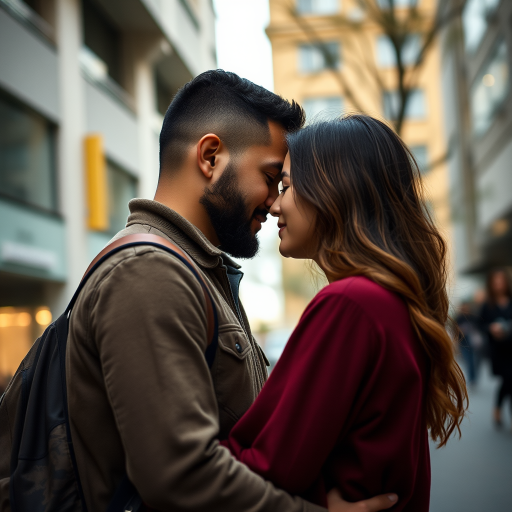 Capture an intimate moment between a couple in an urban setting, using a Canon EOS R5 with a 50mm f/1.2 lens, aperture f/2, ISO 400, shutter speed 1/200s, angled slightly from below to emphasize their expressions, in natural light for a soft, cinematic look.