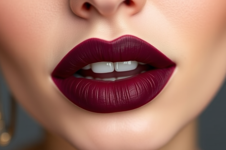 Velvet-matte plum lips, called "Mulberry Wine," provide a rich, deep color and a soft, velvety texture that feels lightweight on the lips