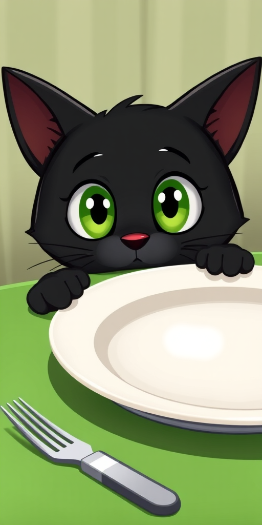 Create a high-resolution cartoon illustration of a black cat with large green eyes peeking over a plain white dinner plate on a green tablecloth, using a DSLR camera with a 50mm lens, aperture set to f/2.8, ISO 200, and a shallow depth of field for a soft background blur.
