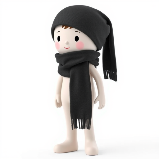 3D model of a simple humanoid figure wearing a dark scarf, standing in a relaxed pose with a slightly tilted head, high-resolution, captured with a DSLR camera at 50mm lens, aperture f/2.8, ISO 100, soft studio lighting for even illumination, white background for contrast.