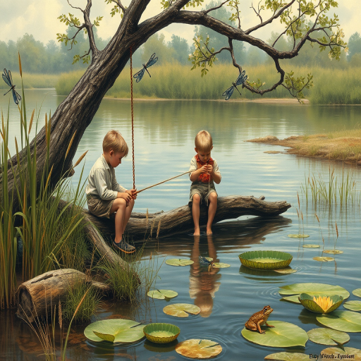 Imagine a small group of old fashioned young boys out fishing by the creek, a swing hanging from a tree branch, reeds and grasses by the water's edge, a frog sitting on a lily pad, dragonflies hovering over som water plans, a very iconic old fashioned scene reminiscent of a Norman Rockwell painting style