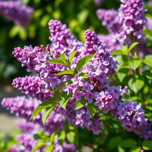 photograph a vibrant lilac bush in full bloom, capturing close-up details of the purple flowers and lush green leaves, use a DSLR camera with a 50mm lens, aperture set to f/2.8 for a shallow depth of field, ISO 100, shutter speed 1/250 sec, natural light to enhance colors and contrast, focus on the subject with a blurred background for added depth.