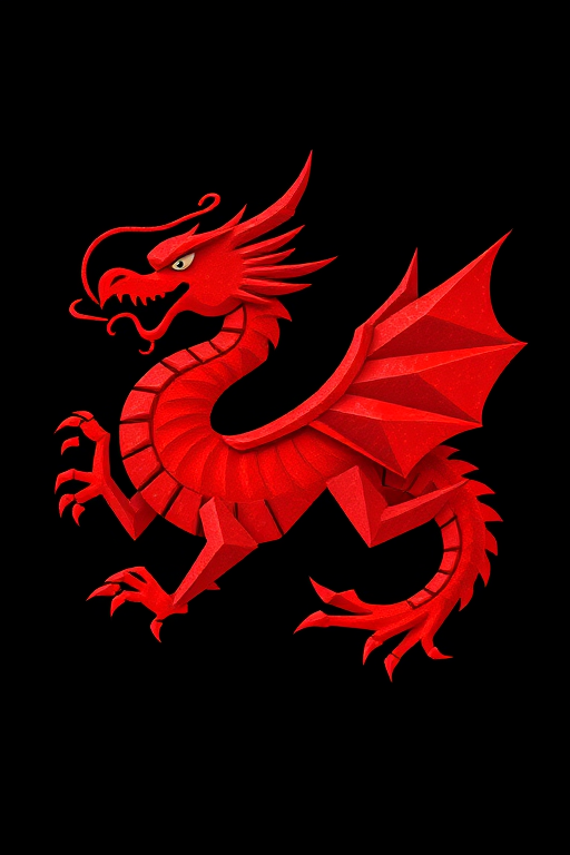 Create a vibrant red dragon design with angular geometric shapes, high resolution, 50mm lens, f/8 aperture, ISO 200, shot from a slight angle to emphasize depth and texture, using a digital SLR camera for clarity.