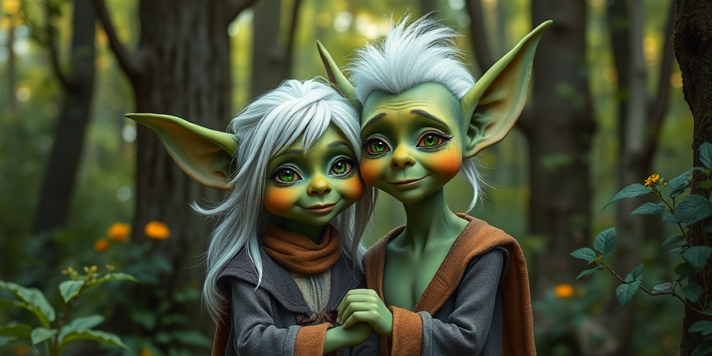 Create a highly detailed fantasy artwork of two whimsical green-skinned characters resembling wise creatures with large ears and white hair, posing together in a vibrant enchanted forest, using a DSLR camera with a 50mm lens, aperture set to f/1.8 for a shallow depth of field, ISO 200, and soft natural lighting to enhance textures and colors.