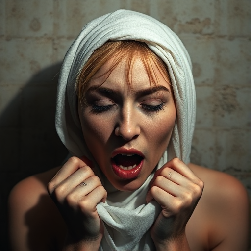 Create a close-up photographic image of a Mizrahi woman with light skin tones shown against an old, worn wall. Their head is wrapped in a white cloth covering (i.e.... parts of the head except the nose and mouth, which are open as if they are screaming...), with a slight texture and visible folds in the fabric. Thin strands of blonde hair escape from the wrapping above, falling lightly at the top and sides. Their hands hold the fabric as if they are tugging nervously. The lighting is dramatic and even, casting strong shadows. The image has a minimalist and surreal style with an emphasis on simplicity with soft color tones. The composition is centered.