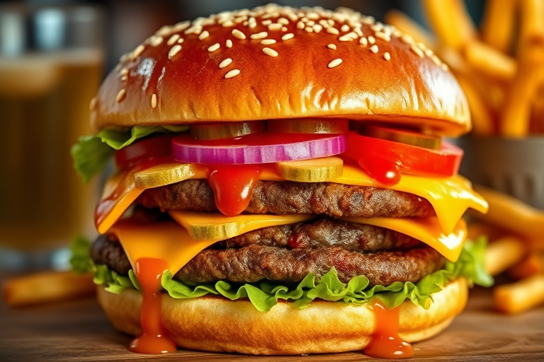 High-resolution, close-up image of a gourmet double cheeseburger. The burger features a glossy, sesame-seed-topped brioche bun. Inside, there are two thick, juicy beef patties, each topped with melted cheddar cheese. The burger is garnished with fresh lettuce, tomato slices, diced onions, and pickles. A generous amount of ketchup and a creamy, orange-colored sauce is dripping down the sides, adding to the mouth-watering appeal. In the background, there are blurred elements including a side of golden French fries and a hint of a beverage, enhancing the overall presentation of a delicious meal.