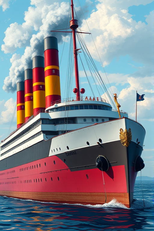 Create a highly detailed digital illustration of a large historic ship with multiple smokestacks, vibrant colors, showcasing its grandeur from a side view, using a Canon EOS R mirrorless camera with a 24-70mm f/2.8 lens, aperture set to f/8, ISO 100, and a 1/200 sec shutter speed for enhanced clarity and depth.