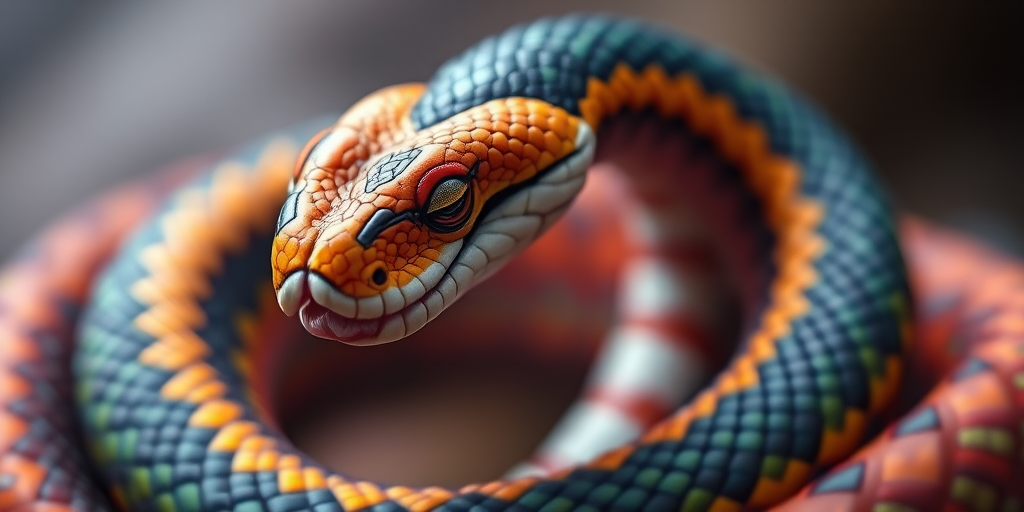 Regenerate a vibrant ouroboros snake design, using a DSLR camera with a 50mm lens, f/2.8 aperture, ISO 100, 1/200 sec shutter speed, in macro view, soft focus background for enhanced detail and clarity.