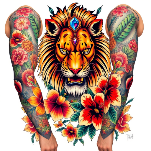 Neo-traditional full sleeve tattoo depicting a fierce lion with a majestic mane, adorned with jewels and surrounded by lush tropical flowers in bold, saturated colors