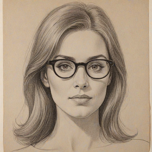 Appealing Emmy Lou Harris, pencil sketch, portrait of Graceful woman 1968s in glasses, hair style beatnik, outline, clear lines, fine lines, 8k