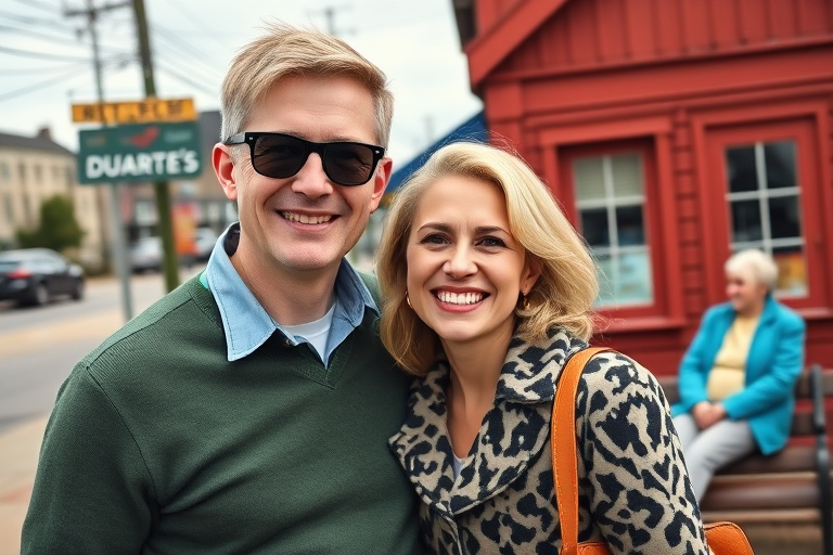 Medium shot photo of a cheerful couple standing close together in an outdoor setting, showcasing a warm and candid moment. The man, with fair skin, a round face, and short blonde hair, is wearing dark sunglasses and a green sweater over a blue collared shirt. He has a wide, joyful smile, and his left arm is wrapped around the woman, adding to the affectionate pose. The woman, with light skin and shoulder-length wavy blonde hair, is smiling broadly as she leans into the man's embrace. She is wearing a black and white patterned coat and carries a brown handbag over her shoulder. In the background, a quaint small-town setting is visible, featuring a red wooden building with a visible sign reading "DUARTE'S," as well as parked cars and power lines. A woman with white hair, dressed in a bright blue jacket, sits on a bench by the building, adding a casual, lived-in aspect to the scene. The lighting is natural, indicating a bright but slightly overcast day, which gives the image a relaxed, everyday quality. The overall mood is friendly and affectionate, capturing a spontaneous moment of connection amid a typical town backdrop