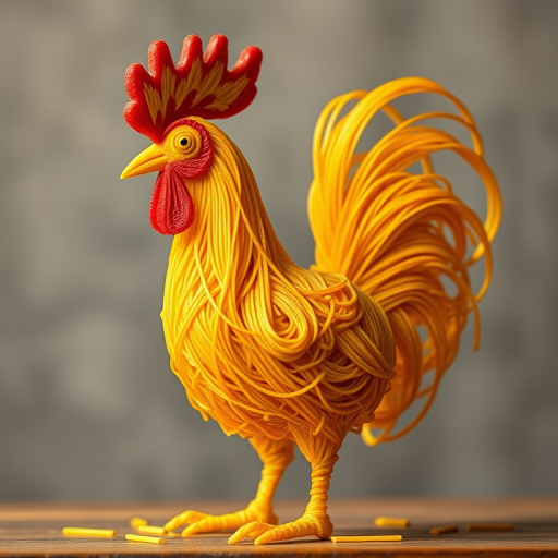 A vibrant, whimsical sculpture of a rooster made entirely of spaghetti, featuring rich golden tones, a soft blurred background for depth, shot with a 50mm lens at f/2.8, ISO 200, natural lighting for enhanced texture, captured with a DSLR camera for high resolution.