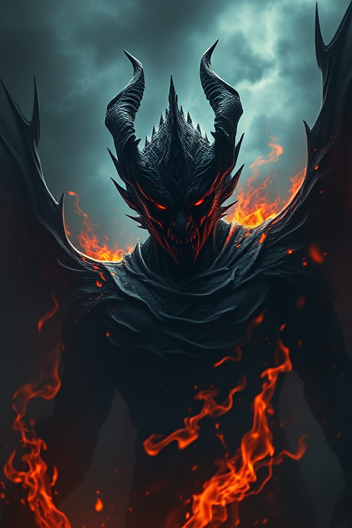 Create a high-resolution fantasy artwork of a dark, imposing figure with dragon-like features, surrounded by flames and a stormy sky, captured with a 50mm lens at f/1.8, ISO 100, using a digital SLR camera for sharp detail and depth of field.