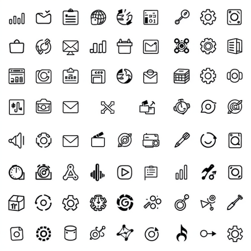 Generate an image of a grid layout featuring various simple black and white icons, including symbols like charts, email, gears, and musical instruments, with a DSLR camera at 50mm focal length, f/8 aperture, ISO 100, and natural light for enhanced clarity and detail.