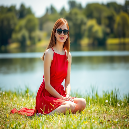 A young woman in a red dress sitting on grass by a serene lake, wearing sunglasses, natural sunlight, shallow depth of field, ISO 100, f/2.8, 1/500s, DSLR camera with 50mm lens.