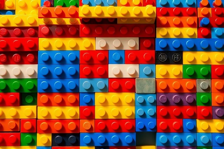 Generate an image of colorful Lego blocks stacked together, using a DSLR camera with an aperture of f/2.8, shutter speed of 1/60s, ISO 100, taken from a low angle view, in a bright studio lighting setup for enhanced clarity and depth.