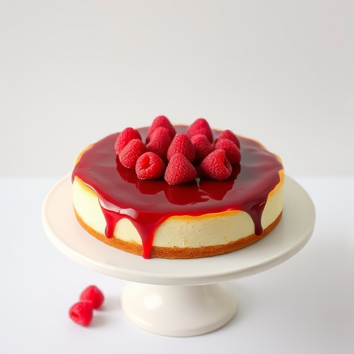 A delicious cheesecake topped with a glossy raspberry sauce and fresh raspberries, sitting on a white cake stand against a light background.