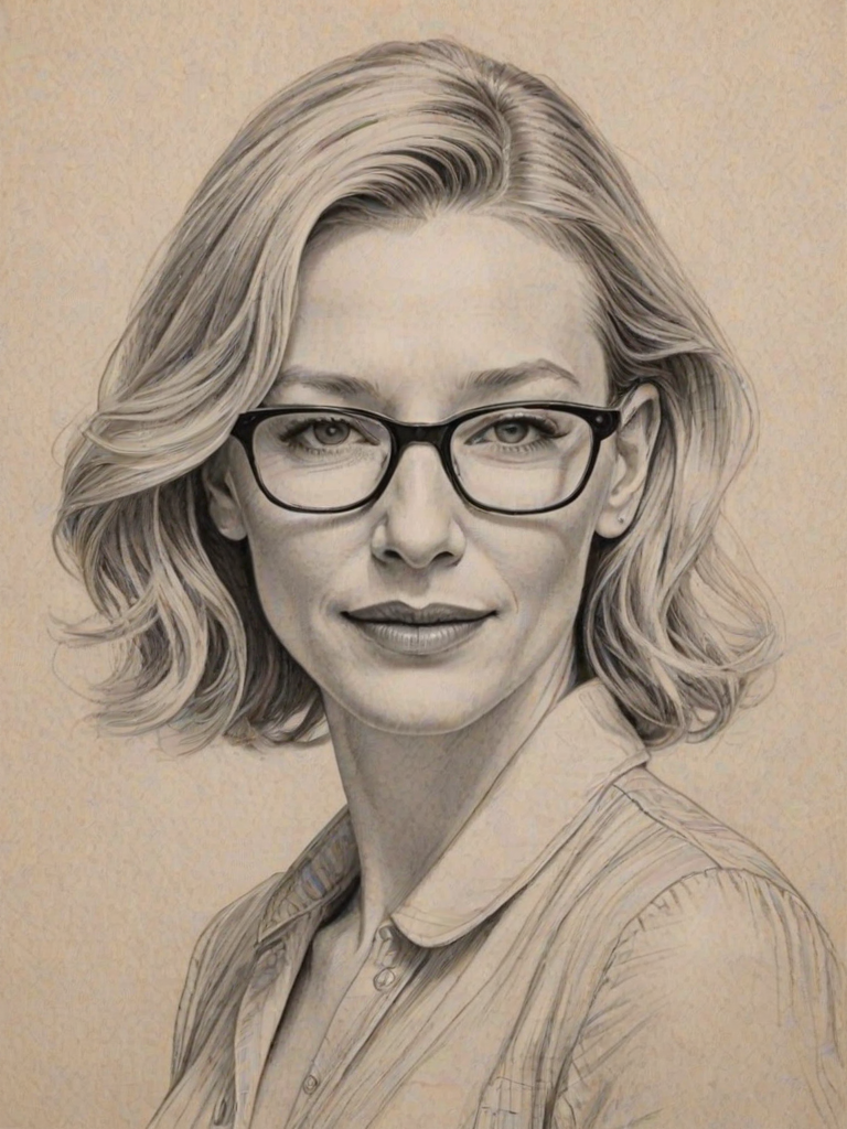 Enticing Cate Blanchett, pencil sketch, portrait of Gorgeous woman 1942s in glasses, hair style beatnik, outline, clear lines, fine lines, 8k