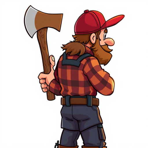 Create a detailed illustration of a lumberjack character standing with his back turned, holding an axe, with a cartoonish style and vibrant colors, using a Canon EOS R5 with a 50mm f/1.2 lens, aperture set to f/2.8, ISO 100, and soft diffused lighting for a clean and crisp appearance.