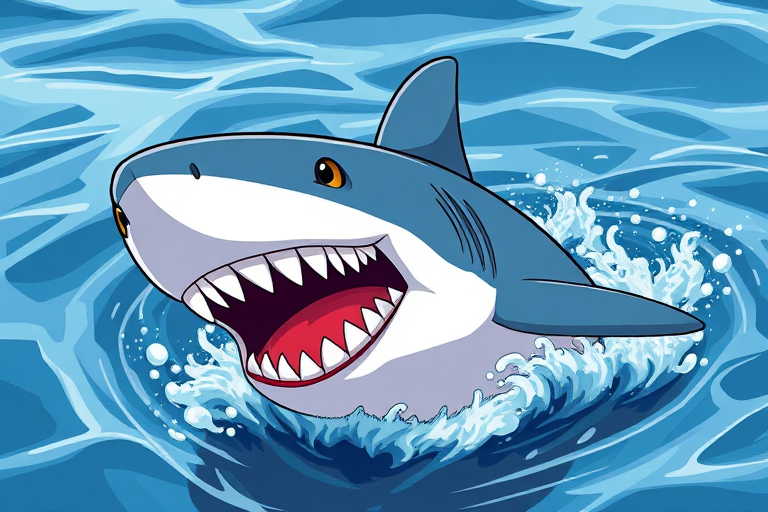 Create a high-resolution illustration of a cartoon shark breaching the water's surface with an open mouth and sharp teeth, using a Canon EOS R5 camera, 50mm lens, f/2.8 aperture, ISO 100, and natural lighting for enhanced clarity and vivid colors.