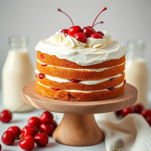 A beautifully layered cake with creamy frosting and cherry filling served on a wooden cake stand garnished with fresh cherries and set against a soft neutral background with milk bottles in the scene.