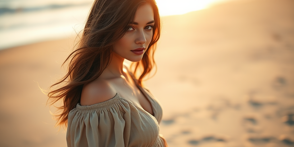 A portrait of a woman in a flowing dress standing on a sandy beach with soft sunlight illuminating her face, capturing a dreamy atmosphere, shot with a Canon EOS R5 at f/1.8, ISO 100, 50mm lens, with a shallow depth of field and soft bokeh background for enhanced image clarity and detail.