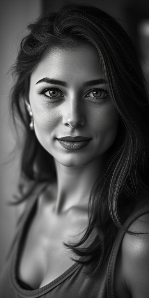 portrait of a woman in artistic black and white, soft focus background, natural light, 50mm lens, f/1.8, ISO 100, shutter speed 1/200, shallow depth of field, candid style, professional DSLR camera