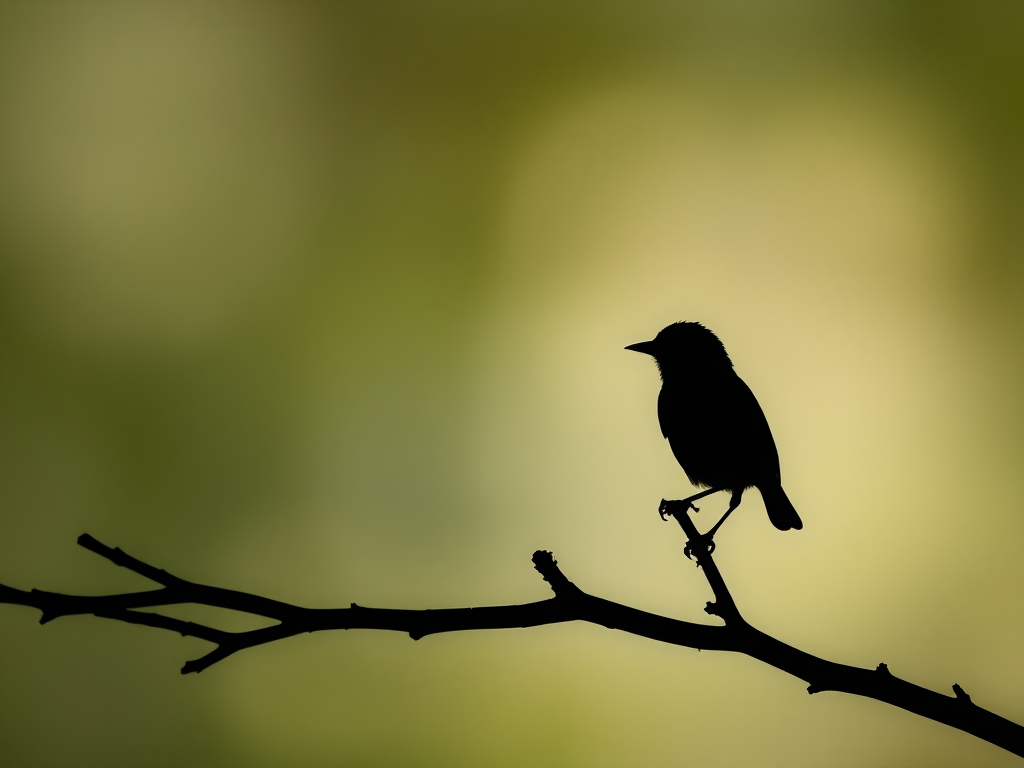 Create a high-resolution silhouette of a bird standing on a branch, using a DSLR camera with a 50mm lens, aperture set to f/2.8, shutter speed 1/200s, ISO 100, shot in natural light with a soft focus background.