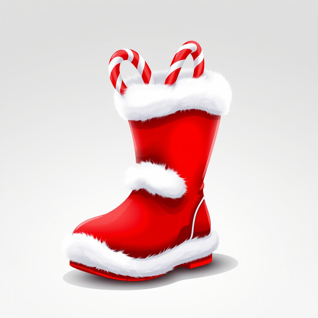 Create a vibrant illustration of a red holiday boot with white fur trim, featuring two candy canes sticking out, positioned on a transparent background, captured using a DSLR camera with a 50mm lens at f/2.8, ISO 100, with soft lighting and a slight bokeh effect.