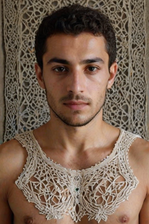 Face, shoulders, chest covered in openwork Sephardic embroidery. Raw, unedited image.