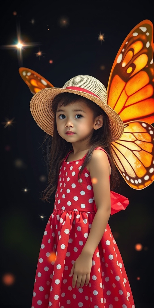 Create an ethereal image of a girl with butterfly wings, wearing a red polka dot dress and a sun hat, surrounded by sparkling stars and a dark background; use a DSLR camera with a 50mm lens, f/1.8 aperture, ISO 100, and a 1/125s shutter speed for a soft focus effect and vibrant colors.