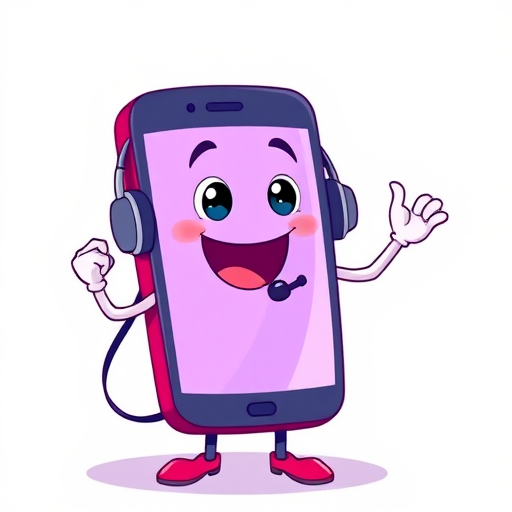 Create a cartoon-style image of a cheerful, dancing mobile phone with a headset, captured using a Canon EOS 5D Mark IV, 50mm f/1.8 lens, aperture f/4, ISO 100, and a vibrant color palette with a clean white background.