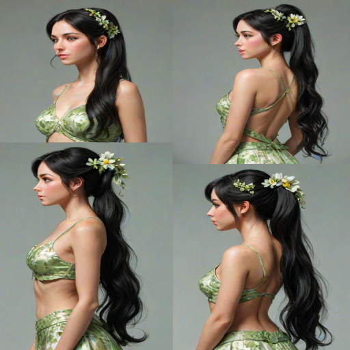front view, side view, back view, multiple views, reference sheet, full body, andrea_sussman, black hair, green eyes, hair ornament, hair flower, long hair, ponytail, 1girl